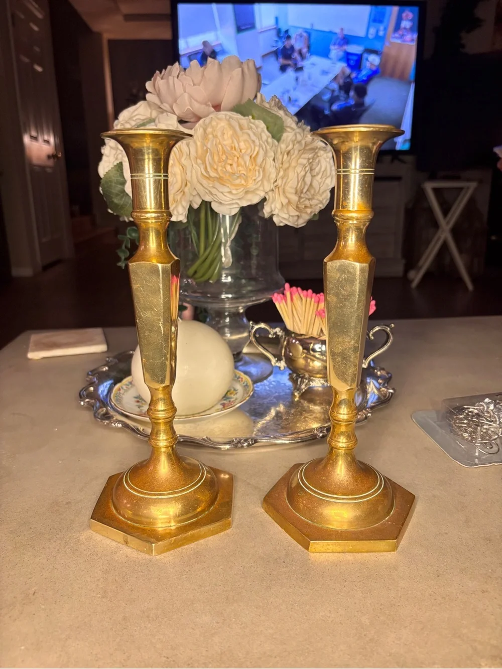 Vintage Solid Brass Candlesticks Pair 9.5” Octagonal Base Neoclassical